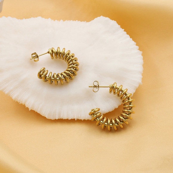 Gold Spiral Hoop Earrings*Swirl Design*Streetwear Earrings*Waterproof Sweatproof - Picture 3 of 6